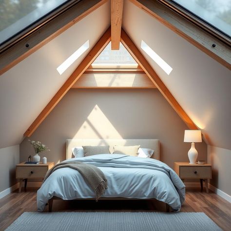 Dreamy attic inspiration for a bedroom filled with natural light through skylights ideal for relaxation and recharging #bedroominspo #skylightdreams 🌿 Bedroom Skylight, Attic Inspiration, Attic Windows, Attic Window, Attic Bedroom, Bedroom Inspo, Natural Light, Relaxation, House Design