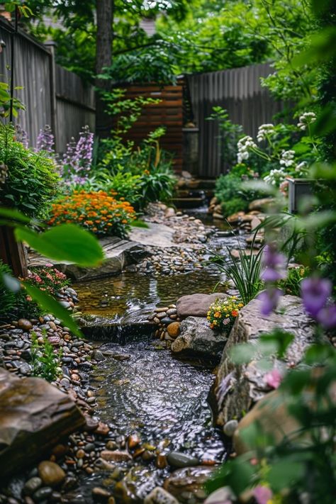 Small Garden Stream Ideas for Your Backyard Haven Small Stream In Garden, Creek Garden Ideas, Backyard Creek Ideas, Fairy Tale Garden Ideas, Garden Stream Ideas, Backyard Streams, Hempcrete House, Backyard Creek, Garden Waterfall Ideas