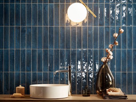 Dark Blue Tile, Navy Bathroom, Blue Bathroom Tile, Brick Tiles, Downstairs Bathroom, Bathroom Inspiration Decor, Blue Bathroom, Blue Tiles, Kitchen Tiles