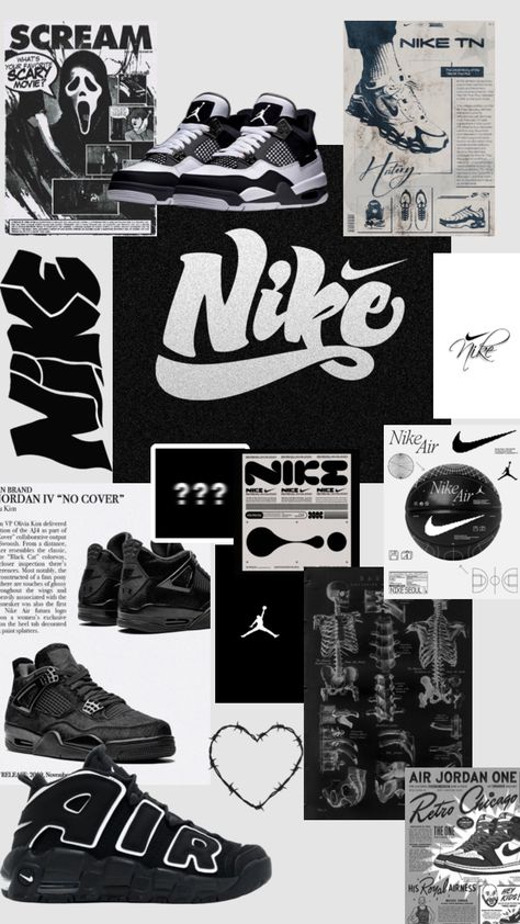 Nike Mood Board, Aesthetic Sneakers Wallpaper, Black Nike Jordans, Posters Nike, Shoe Collage, Shoes Collage, Paris Wallpaper Iphone, Stussy Wallpaper, Streetwear Wallpaper