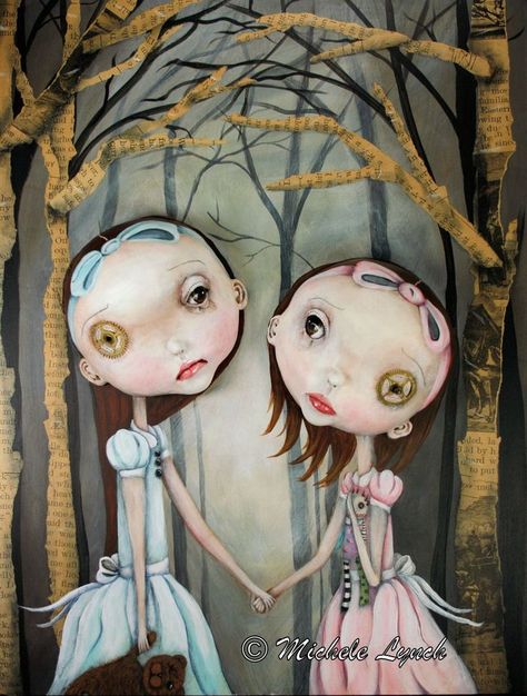 Pop surealism tattoo | Pop Surrealism Sisters Fairy Tale Low Brow Art by michelelynchart, $20 ... Low Brow Art, Dark Gothic Art, Brow Art, Big Eyes Art, Acrylic On Wood, Lowbrow Art, Creepy Art, Pop Surrealism, Creepy Cute