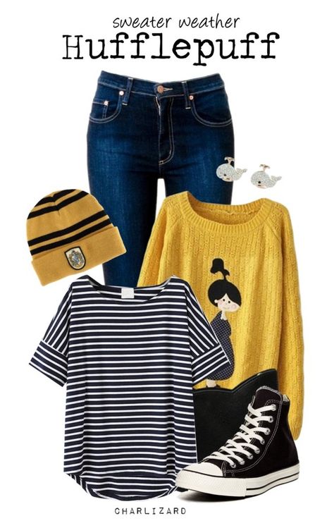 Hufflepuff by charlizard on Polyvore featuring Converse and Forever 21 Harry Potter Themed Outfits, Hufflepuff Costume, Hufflepuff Clothes, Hufflepuff Things, Pottermore Quiz, Hogwarts Fashion, Hufflepuff Outfit, Hufflepuff Stuff, Hp Outfits