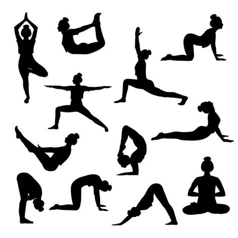 Yoga Poses Graphic, Drawing Of Yoga Poses, Yoga Poses Black Women, Yoga Poses Black And White, Yoga Pose Silhouette, Yoga Basement, Yoga Black And White, People Doing Yoga, Yoga Silhouette