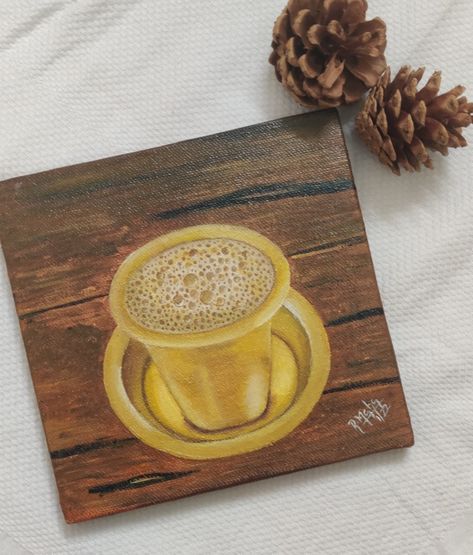 Filter coffee acrylic painting on mini canvas Coffee Painting Ideas Easy Nature, Mini Canvas Art Coffee, Coffee Canvas Painting, Coffee Acrylic Painting, Coffee Cup Painting Canvas, Coffee Painting Nature, Painting On Mini Canvas, Coffee Paintings, Coffee Painting