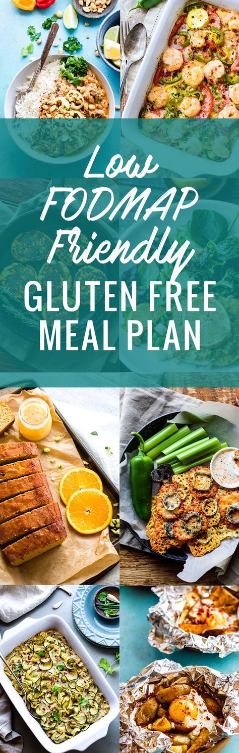 This Low FODMAP friendly Gluten Free Meal Plan is a great tool to help you resolve those pesky digestive issues. Learn what FODMAPS are, what foods they come from,  and how limiting them could possibly (temporarily)  relieve common digestive disorders and discomfort. Fodmap Meal Plan, Low Fodmap Diet Recipes, Gluten Free Meal Plan, Meal Plan Grocery List, Fodmap Diet Recipes, Ibs Recipes, Fodmap Friendly, Digestive Issues, Free Meal Plans