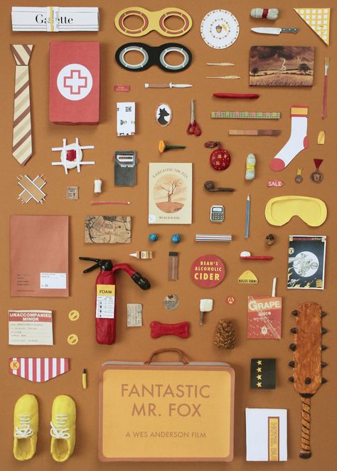 Artist Dissects Famous Films by Displaying All the Iconic Objects Found in Them - My Modern Met Jordan Bolton, Wes Anderson Aesthetic, Wes Anderson Style, Things Organized Neatly, Fox Poster, Wes Anderson Movies, Wes Anderson Films, Best Movie Posters, Moonrise Kingdom