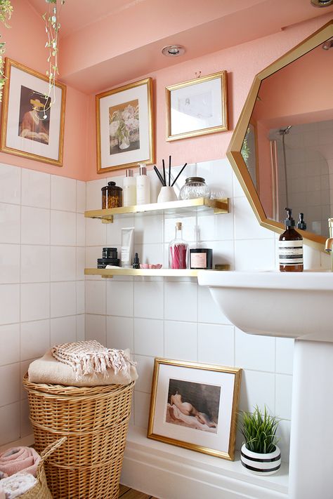 bathroom in peach white and gold with wicker accessories Bathroom Closet Organization Ideas, Peach Bathroom, Decoration Plants, Bathroom Closet Organization, Closet Organization Ideas, Dining Room Remodel, Bathroom Closet, Diy Ikea, Gold Bathroom