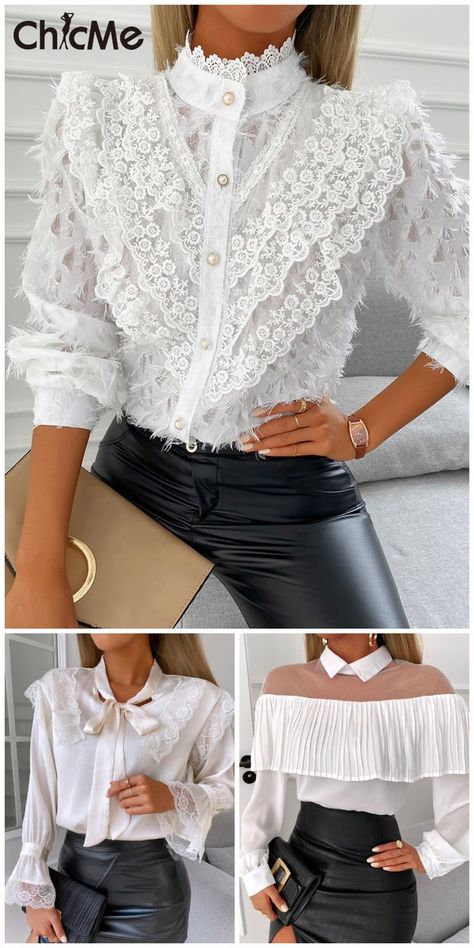 Blouse Outfit Casual, Women Lace Blouse, Women Blouses Fashion, Chic Shirts, Pretty Blouses, Classy Dress Outfits, Shirts Design, Button Design, Cotton Top