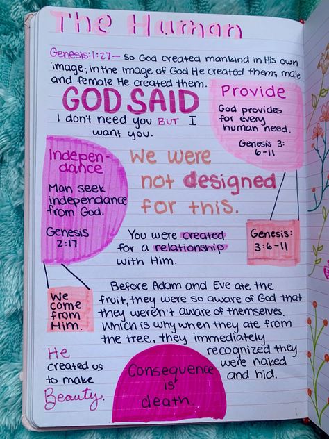 Christian Bible Journal Journal Ideas For Bible Study, Bible Study In Notebook, Bible Notes Ideas Notebooks Genesis, Bible Notes For Genesis, Journal Christian Ideas, Cute Christian Journaling Ideas, Bible Journaling Methods, Cute Bible Notes Notebook, Journaling Ideas Christian