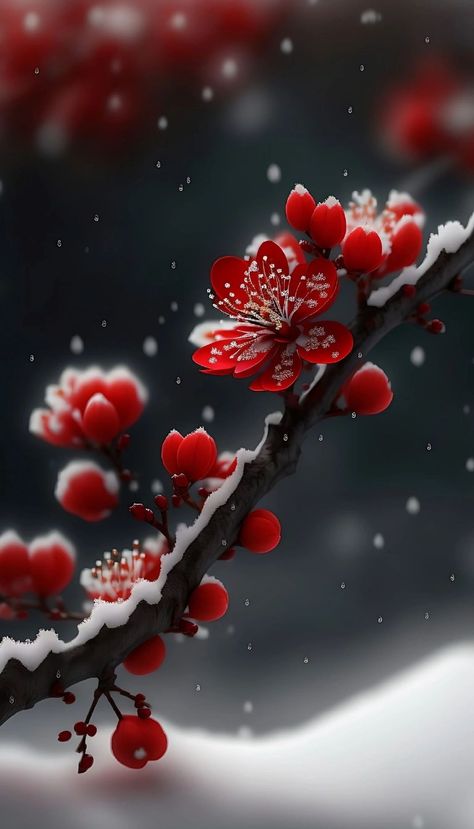 Plum Blossom Aesthetic, Winter Flowers Wallpaper, Chinese New Year Aesthetic, Bsd Aesthetic, Red Plum Blossom, Red Cherry Blossom, Plum Flowers, Red Plum, Lovely Flowers Wallpaper