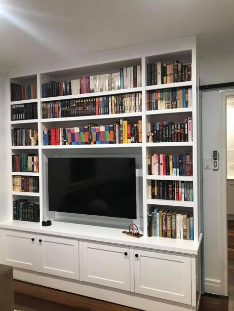 Bookshelf Over Tv, Built In Bookshelves With Tv Space, Tv In A Bookcase, Tv Bookcase Wall Small Spaces, Bookshelf Entertainment Center Diy, Bedroom Ideas With Lots Of Storage, Library And Tv Room, Tv Wall Design With Bookshelves, Library Wall Living Room