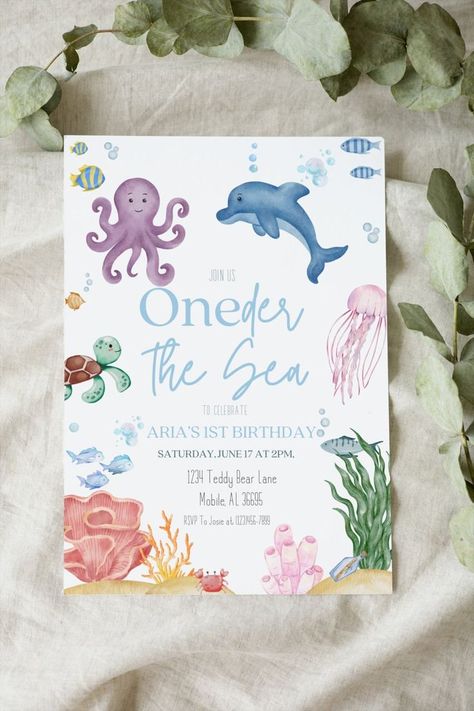 Oneder The Sea 1st Birthday Invitation Oneder The Sea 1st Birthday, Oneder The Sea, Birthday Invite Template, 1st Birthday Invitation Template, Ocean Birthday Party, Ocean Birthday, Under The Sea Birthday, 1st Birthday Party Invitations, Sea Birthday Party