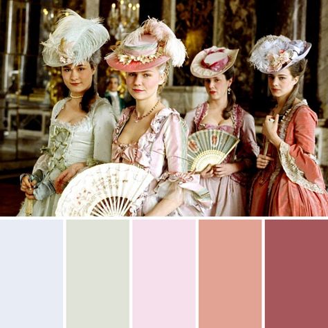 Marie Antoinette colour palette created with Adobe Color & Canva Marie Antoinette Bathroom, Rococo Marie Antoinette, Rococo Colour Palette, Marie Antoinette Accessories, Marie Antoinette Color Palette, Marie Antoinette Picnic, Marie Antoinette Bedroom Inspiration, Marie Antoinette Themed Party, Bridgerton Colour Palette