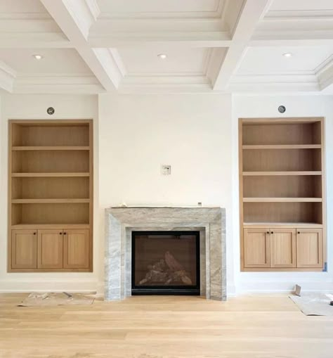 Plaster Fireplace With Bookshelves, Coastal Living Room Fireplace Ideas, Recessed Fireplace With Built Ins, Fireplace Wall With Built Ins, Wood Built Ins Living Room, Built In Living Room Cabinets, Fireplace Joinery, Fireplace With Built Ins On Both Sides, Fireplace With Built In Cabinets