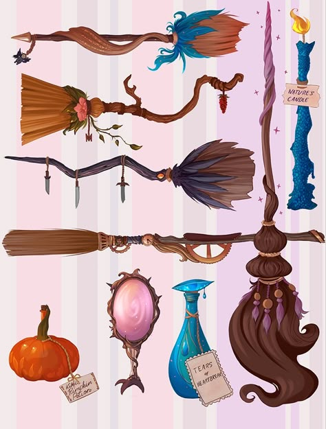 Magic Broom Fantasy Art, Stylized Art, Props Concept, Props Art, Witch Design, Fantasy Props, Witch Broom, Halloween Drawings, Witch Art