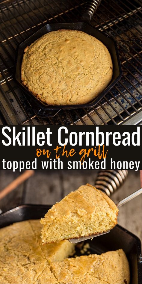 Cast Iron Skillet cornbread is the perfect way to get a crunchy crust and a soft and fluffy interior. We cook our skillet cornbread on the grill at high heat for the perfect touch of outdoor flavor, and finish it with a drizzle of smoked honey for a sweet finish. Cornbread On The Grill, Montana Grill Cornbread Recipe, Campfire Cornbread, Smoked Cornbread, Grilled Cornbread, Grilled Sides, Cast Iron Skillet Cornbread, Iron Skillet Cornbread, Pioneer Recipes