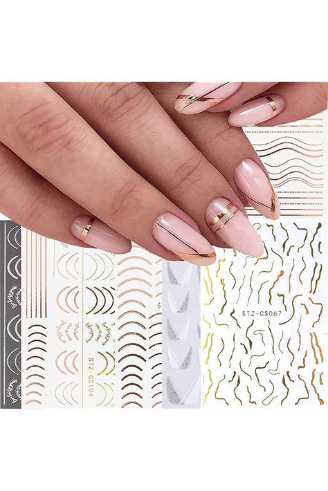 8 Sheets Line Nail Stickers Gold Sliver Wavy Stripe Lines Decals 3D Self-Adhesive Nail Supplies, French Tip Nail Art Stickers for Women Acrylic DIY Nails Decoration Nails Stickers Designs, Line Gel Nails, Nails With Stickers Design, Gold Stripe Nails, Gold Nail Stickers, Sticker Nail Art, French Tip Nail Art, Acrylic Diy, Nail Stickers Decals