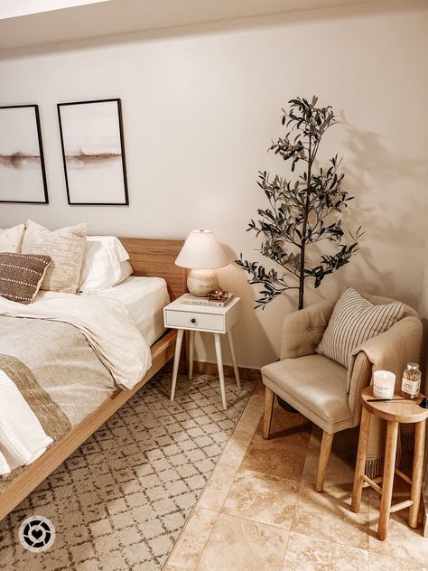 Cozy neutral bedroom corner Neutral Bedroom Ikea, Bedroom Inspirations With Chair, White Bed With Brown Furniture, Monochrome Bedroom Beige, Oak White Bedroom, White And Wood Room Aesthetic, Bed With Chair Next To It, Oat Bedroom Decor, Minimalist Bedroom White And Wood