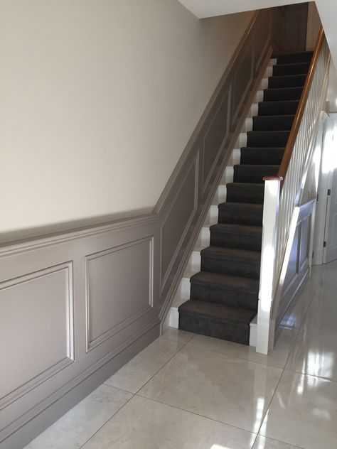 Wall paneling and stair runner grey Wall Paneling Ideas Stairs, Paneling Up Stairs, Grey Panelling Hallway, Stairs Panelling Staircases, Stairs Panelling With Hand Rail, Stair Case Panelling, Panelling Stairs, Shaker Stair Panelling, Grey Panelling Stairs