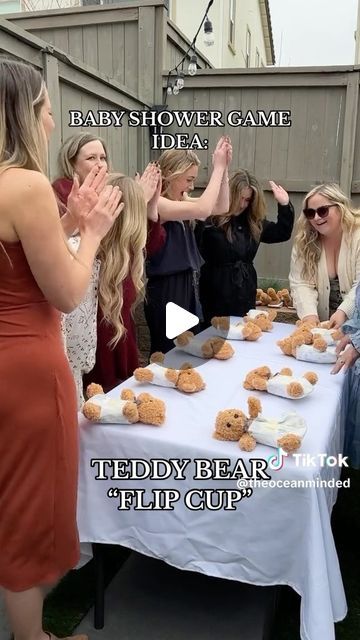 Evite on Instagram: "Teddy bear “flip cup” as a baby shower game??? *Immediately adds to our saved folder.* 🧸👏  📷: theoceanminded on TikTok  #evite #babyshower #showergames #babyshowergames #momtobe #momtok #babyshowers #babyshowerideas" Baby Shower Games Teddy Bear Theme, Baby Shower Bear Ideas, Non Gender Baby Shower Ideas, Baby Shower Girl Bear Theme, Baby Shower Ideas Bear Theme, Nearly Wait Baby Shower Ideas, Teddy Bear Baby Shower Theme Decoration, No Gender Baby Shower Ideas