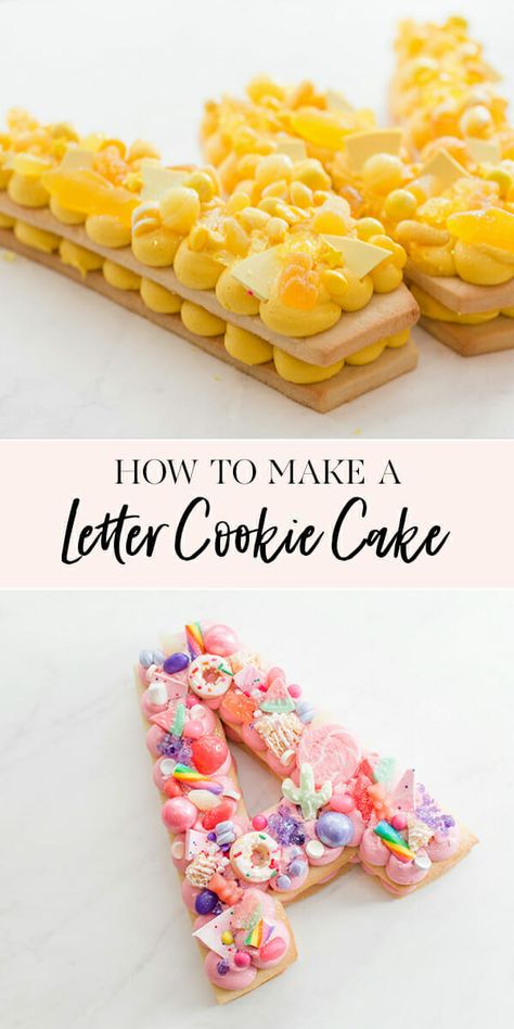 Letter Cookie Cake, Cookie Cake Ideas, Cream Tart Cake, Rainbow Cookie Cake, Make A Letter, Giant Cookie Cake, Unique Recipes Desserts, Letter Cookie, Recipes Unique