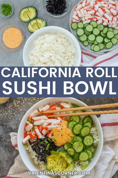 Taking all the ingredients in a California Roll but serving them as a Sushi Bowl makes this dish that much better! Imitation crab, avocado, cucumber, and nori over a bed of sushi rice, topped with a spicy mayo sauce. #californiaroll #sushibowl #sushi #caliroll #apptizer Cucumber Crab Salad Sushi, California Roll Sushi Bowl, Deconstructed Sushi Bowl, Spicy California Roll, Spicy Mayo Sauce, Deconstructed Sushi, Spicy Mayo Recipe, Crab Avocado, Crab Sushi