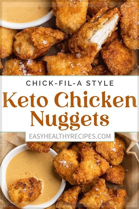 Skip the drive thru - these homemade chicken nuggets are absolutely delicious and totally keto! Marinated in pickle juice, lightly breaded, and pan-fried for the perfect crunch, they're better than anything you'll get from a fast food joint. Serve them with a keto copycat sauce or enjoy them just as they are. Keto Honey, Keto Chicken Nuggets, Chick Fil A Sauce, Homemade Chicken Nuggets, Chicken Chunks, Honey Mustard Sauce, Pork Rinds, Low Carb Chicken, Keto Chicken