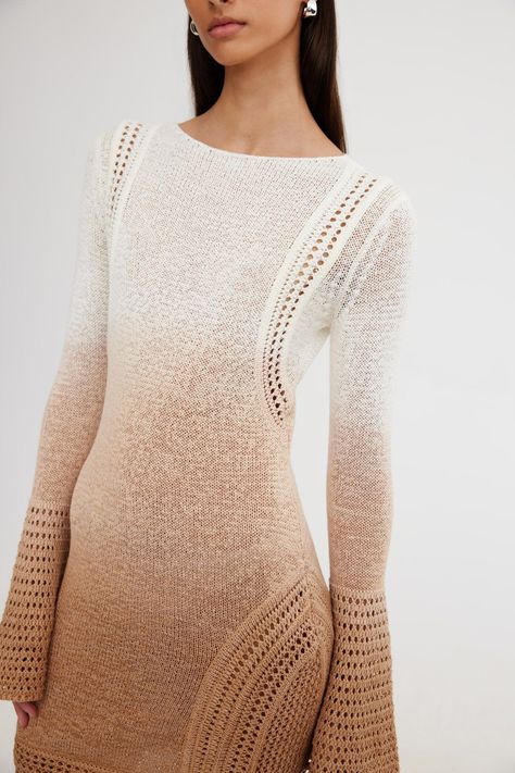 Our signature knitwear silhouettes have seen an update this season ~ the Orly Long Sleeve Dress in Biscuit Cream features a dip dye design. Complimented with full length bell sleeves and contrasting woven detail through the bodice. PRODUCT DETAILS - Mini dress - Unlined - Stretch knit fabrication - Dip dyed Model is 178cm / 5’10” wearing a 6AU / 2US Composition: 77% Cotton, 23% Polyester Knitted Cream Dress, Hand Knit Dress, Knitwear Details, Hand Knitted Dress, Knitwear Inspiration, Dip Dyed, Knitwear Fashion, Knitwear Dress, Knitwear Design