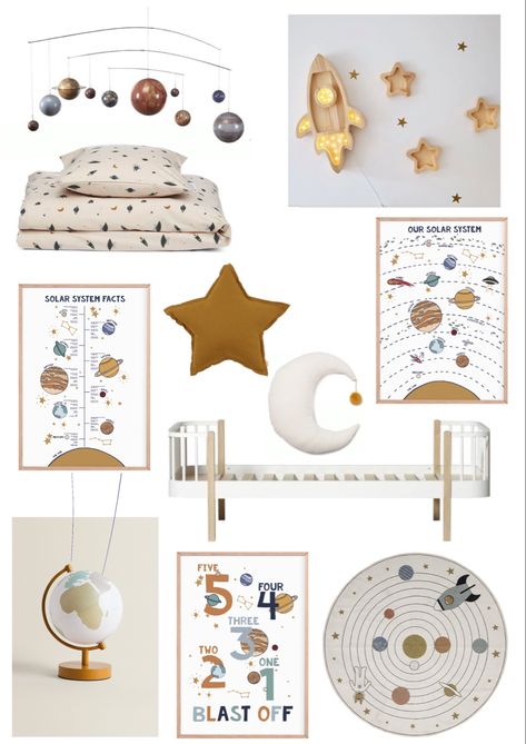 Space Theme Toddler Room, Boho Space Nursery, Modern Space Themed Bedroom, Neutral Space Theme Bedroom, Space Themed Kids Room, Space Nursery Theme Gender Neutral, Neutral Space Theme Nursery, Outer Space Baby Room, Space Toddler Room