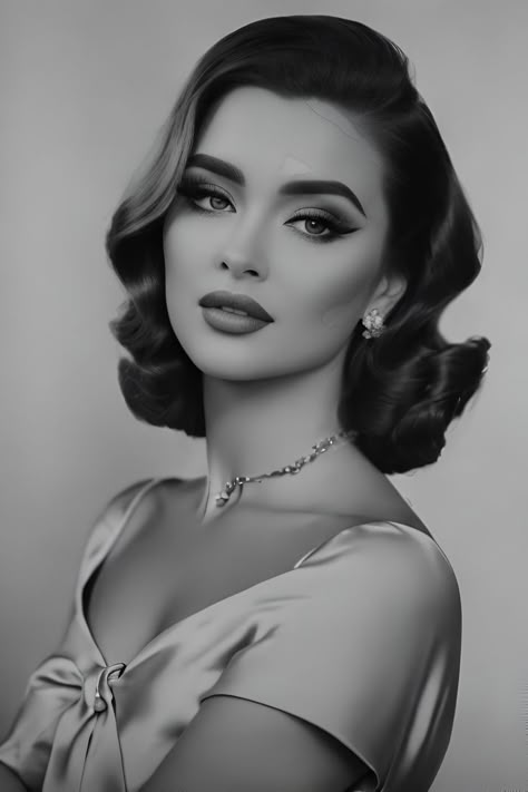 Vintage Photoshoot Black And White, Black And White Classy Photography, 50s Curls, Classic Photoshoot, 50s Photoshoot, 1950's Hairstyles, 2023 Photoshoot, 1950s Models, Desktop Gadgets