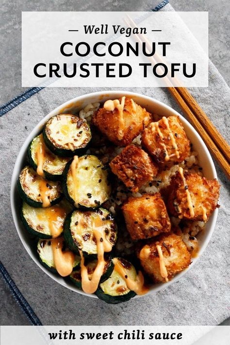 Complete with a savory marinade and a decadent, sweet chili cream sauce, this Coconut Crusted Tofu tastes just like a tropical beach vacation. #vegandinner Coconut Crusted Tofu, Fiber Fueled, Coconut Crunch, Crusted Tofu, Sweet Chili Sauce Recipe, Tropical Beach Vacation, Chili Sauce Recipe, Chili Dip, Dinners Recipes