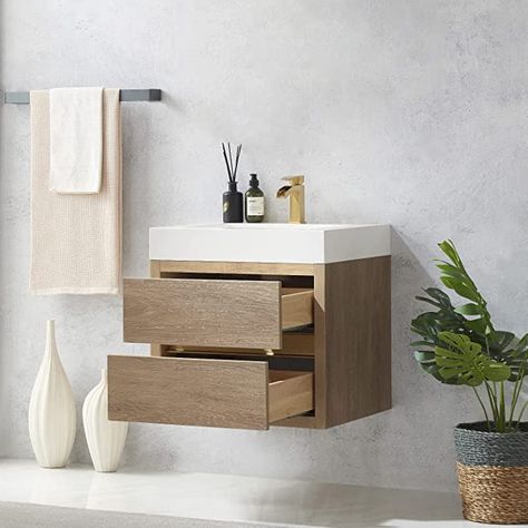 Vinnova 703124-NO-WH-NM Palencia Bathroom Vanity, North American Oak - - Amazon.com Contemporary Powder Room, Wood Bathroom Vanity, Square Sink, Floating Bathroom Vanity, White Sink, Floating Vanity, Sink Top, Single Sink Bathroom Vanity, Engineered Stone