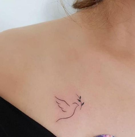 Dove Tattoo Collar Bone, Dove Wrist Tattoos For Women, Angel Tattoo With Initials, Dove Ankle Tattoo, Fine Line Tattoo Chest Women, Dove Tattoo Ideas For Women, Cute Dove Tattoo, Dove Line Art Tattoo, One Line Dove Tattoo