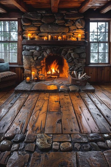 Old Cabin Interior, Lodge Fireplace, Log Cabin Interior Design, Small Rustic House, Lodge Aesthetic, Epoxy Countertops, Concrete Patio Makeover, Cabin Fireplace, Cabin Wall Decor