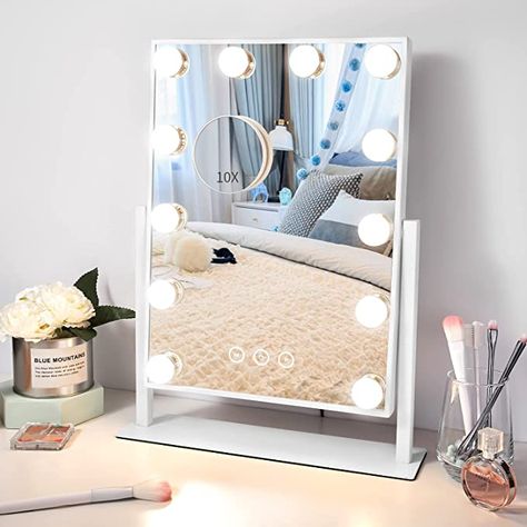 Amazon.com - Nusvan Vanity Mirror with Lights,Makeup Mirror with Lights,3 Color Lighting Modes Detachable 10X Magnification Mirror Touch Control,14.6Inches (White) - Light Up Vanity, Lights Makeup, Hollywood Vanity Mirror, Vanity Mirror With Lights, Hollywood Vanity, Color Lighting, Hollywood Mirror, Desk Mirror, Makeup Vanity Mirror