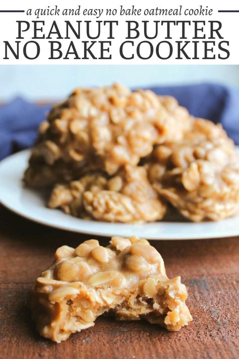 Peanut butter no-bake cookies are full of peanut butter flavor and rolled oat goodness. They only require a few simple ingredients, and are incredibly easy to make! No Bake Peanut Butter Oat Bars, No Bake Peanut Butter Oatmeal Cookies, Cookies With Oatmeal, No Bake Peanut Butter Cookies, Peanut Butter No Bake Cookies, Peanut Butter Oat Bars, Butter Oatmeal Cookies, No Bake Peanut Butter, Easy Gluten Free Desserts