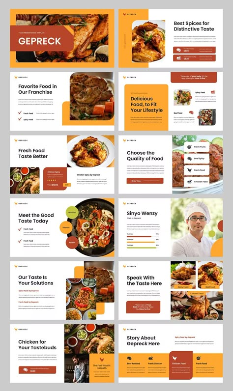 Food & Restaurant PowerPoint Template. 30+ Slides. Food Slide Presentation, Food Ppt Template, Food Presentation Design, Food Presentation Ideas, Restaurant Powerpoint, Food Powerpoint Template, Food Catalog, Branding Portfolio, Flyers Design