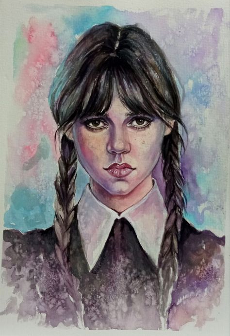 Wednesday Watercolor, Wednesday Jenna, Portrait Of Woman, Peach Wallpaper, Watercolor Illustrations, Watercolor Portraits, Jenna Ortega, Watercolor Illustration, Watercolor Painting