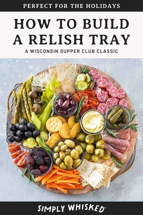 A Wisconsin supper club classic, a relish tray is perfect for holidays and parties. From traditional to unique and modern, learn what to put on a relish tray and ideas for a creative appetizer display. Relish Board Ideas, Wisconsin Supper Club Relish Tray, Relish Trays Ideas Parties, Relish Charcuterie Board Ideas, Supper Club Relish Tray, Relish Tray Charcuterie Board, Relish Trays For Thanksgiving, Relish Tray Ideas Parties, Relish Tray Ideas For Christmas