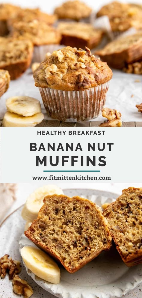 These Healthy Banana Nut Muffins are moist, fluffy and speckled with walnuts for extra crunch. Sweetened with maple syrup and moistened with yogurt, serve warm for breakfast, brunch or meal prep for a grab-and-go snack! Banana Oat Nut Muffins, Banana Muffins With Maple Syrup, Healthy Banana Nut Muffins Clean Eating, Healthy Bababa Muffins, Banana Muffins Maple Syrup, Banana Nut Muffins Recipe Healthy, Banana Nut Oatmeal Muffins, Protein Banana Nut Muffins, Healthy Nut Recipes