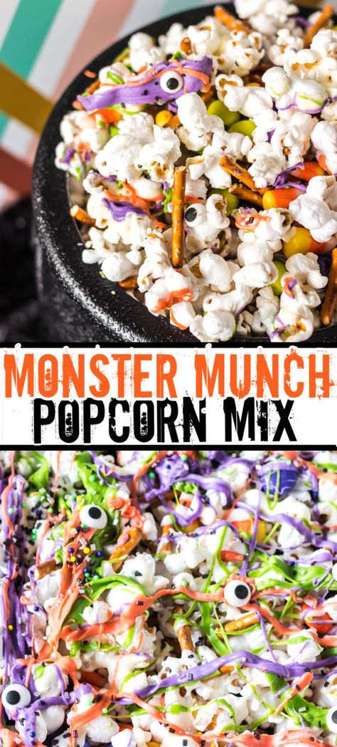 Halloween Popcorn Snack Mix Recipes, Popcorn Halloween Snack, Halloween Party Popcorn, Monster Popcorn Munch, Halloween Popcorn Trail Mix Recipe, Halloween Treats Popcorn, Halloween Snack For Preschoolers, Popcorn Mix Halloween, Halloween Sweet And Salty Snack