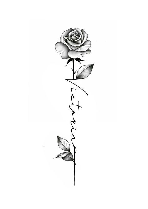 Simple Rose Tattoo With Name, Rose Tattoo Design With Name, Rose With Name Tattoo Design, Flower Name Tattoo For Men, Rose And Name Tattoo Design, Flowers Around Name Tattoo, Rose Name Stem Tattoo, Name With Flower Tattoo Design, Rose And Stem Tattoo Design