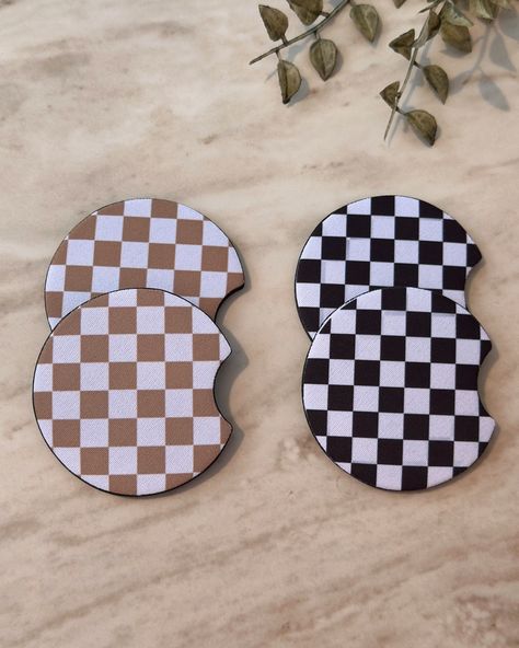 Car coasters 🚘 ✨ Available in black & tan checkered currently, which match our key fobs. More matching patterns for both are on the way as I get them uploaded to the website in the coming weeks! #carcoaster #caraesthetic #blackcheckered #tancheckered #caraccessories #thecozycrewbflo Matching Patterns, Car Coasters, Key Fobs, Cup Holders, Coasters Set, Thumb Holes, Black Tan, Car Interior, Black And Tan