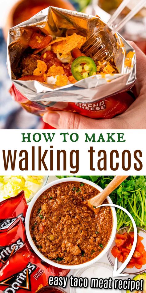 Make the famous fair food at home! This Walking Tacos recipe is a quick and easy meal you can eat on the go. Seasoned beef is mixed into bags of Doritos and topped with your favorite taco fixings! Walking Tacos With Doritos, Walking Taco Recipe Ground Beef, Tacos On The Go, Walking Taco Meat Recipe, Walking Tacos For A Crowd, Taco Fixings, Walking Tacos Recipe, Restaurant Desserts, Recipes Tofu