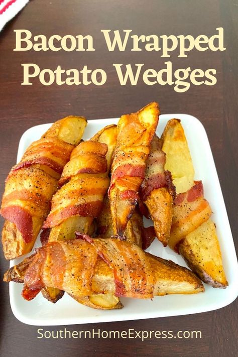 Here is how to make bacon wrapped potato wedge appetizers. It's an easy and delicious recipe that everyone will love! Wrapped Potato With Bacon, Potatoes Wrapped In Bacon, Potato Wrapped In Bacon, Bacon Wrapped Potatoes Baked, Bacon Wrapped Potato Rolls, Bacon Wrapped Potato Wedges, Potatoes Romanoff Recipe, Potatoes Dishes, Bacon Wraps