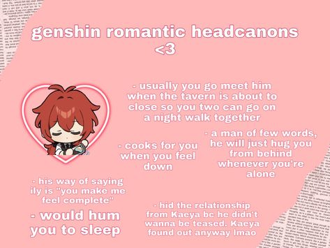 Diluc Boyfriend Headcanons, Romantic Headcanons, Diluc X Yn Fanart, Diluc Headcanons, Strawberry Kaeya, Diluc X Yn, Genshin Headcanons, Romantic Photos Couples, Having A Crush