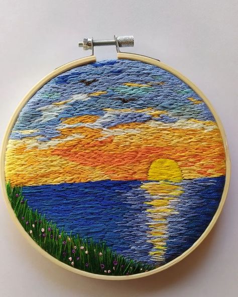 Scenic Embroidery, River Embroidery, Embroidered Sunset, Sunrise Embroidery, Handwork Design, Embroidery Beach, Crochet Gift Ideas, Easy Bag, Crystal Curtains