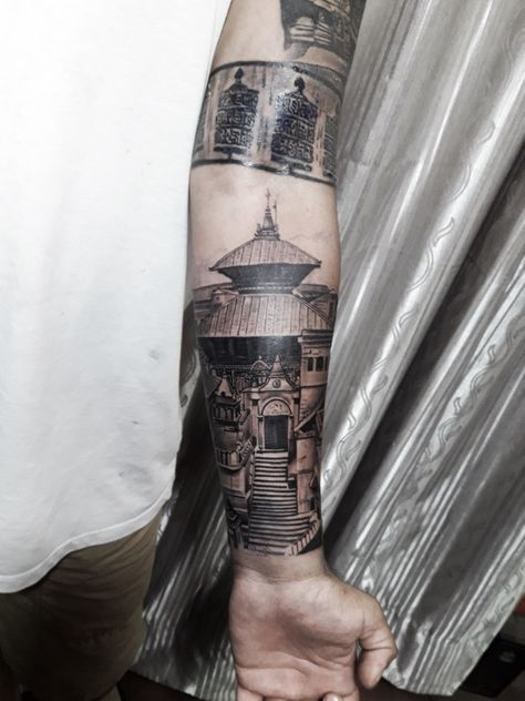 Temple Tattoo Design, Pashupatinath Temple, Hanuman Tattoo, Temple Tattoo, Hindu Temple, Tattoo Inspo, Tattoo On, Tattoo Artist, Tattoo Design