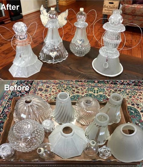 Chandelier Glass Upcycle, Glass Shades Repurposed, Glass Angels From Vases, Glass Totems, Light Globes, Glass Angels, Glassware Garden Art, Glass Lamp Shades, Glassware Crafts