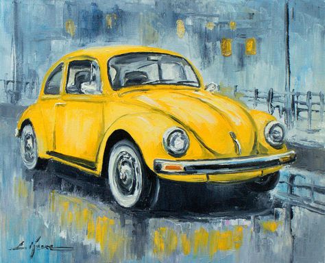 Volwagen Beetle Art, Vw Art, Beetle Car, Yellow Car, Vw Bug, Vw Beetle, Vw Beetles, Car Painting, Car Art